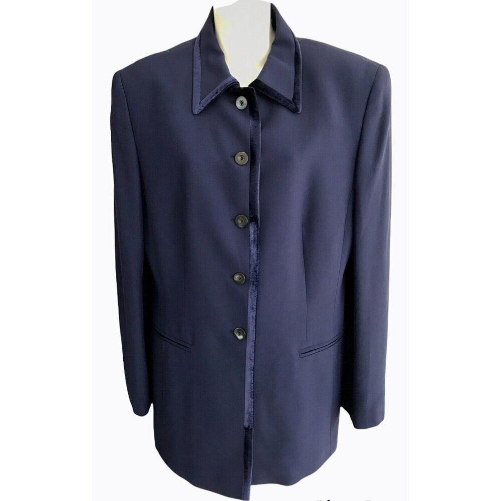 VINTAGE MONDI Blazer Jacket Women's Navy Blue with Velvet Trim Lined Large EU 42